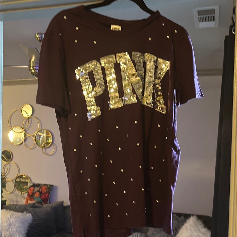 PINK Victoria's Secret Maroon Kids Shirt with Sequin Design